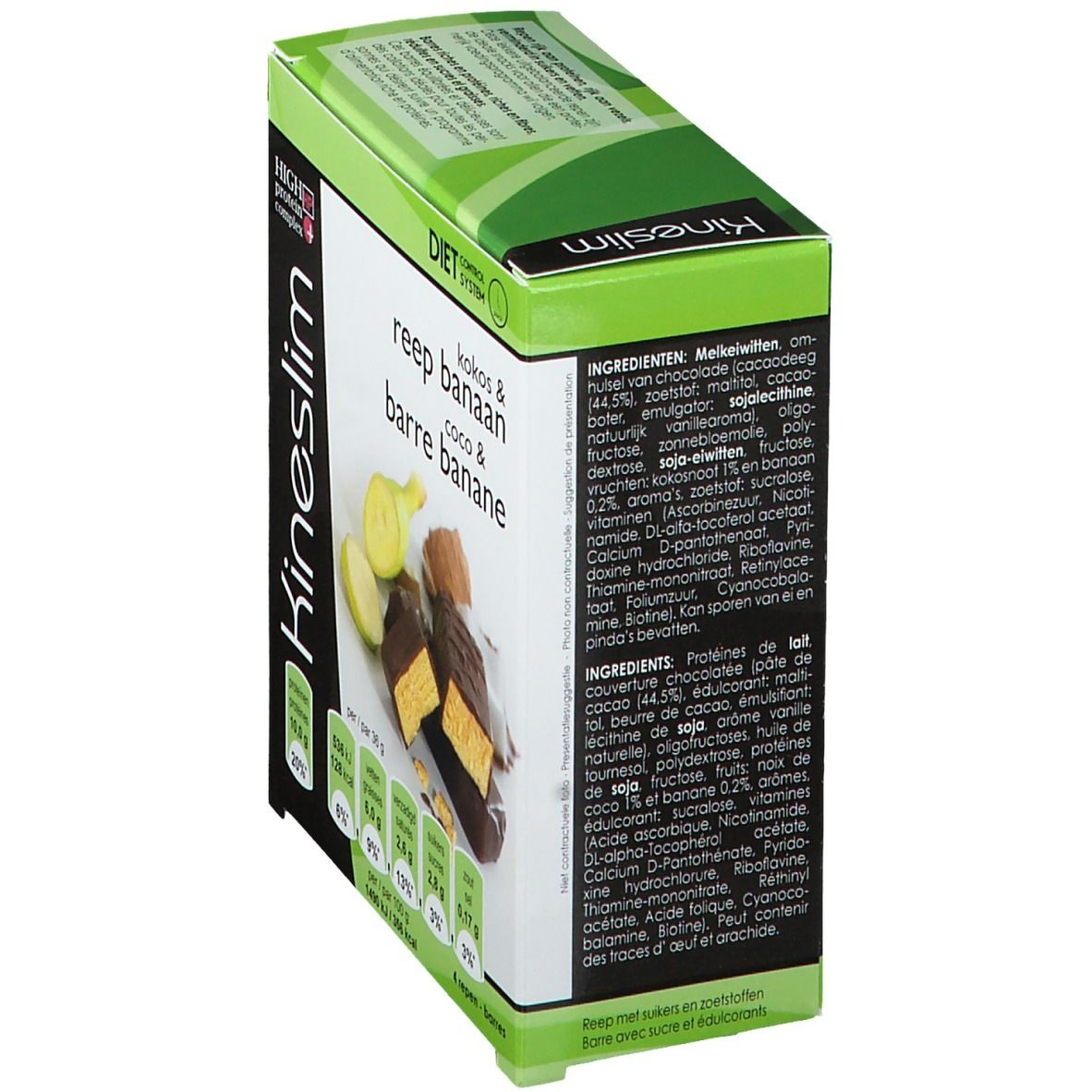 Vue latérale de la boîte Kineslim. Emballage vert et blanc avec liste des ingrédients et logo. Nom du produit : Coco & Banane.