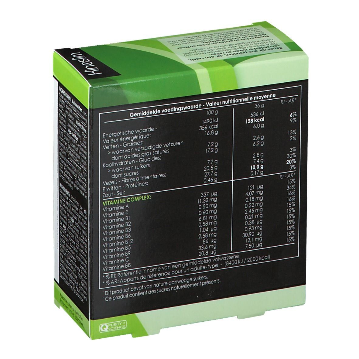 Boîte Kineslim, dos avec tableau nutritionnel. Emballage vert et blanc avec logo et informations.