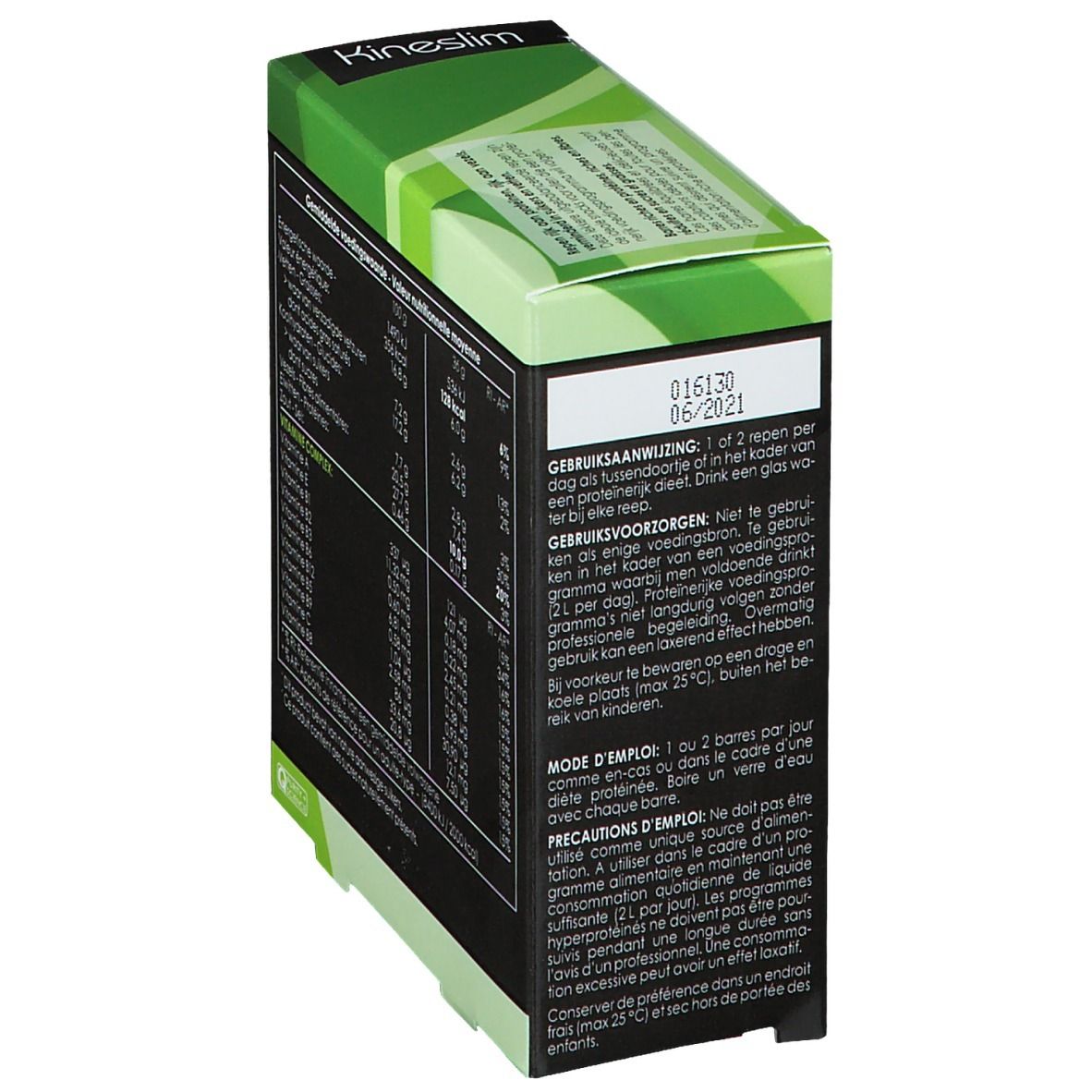 Boîte Kineslim, vue latérale avec mode d'emploi. Emballage vert et blanc avec logo et texte.