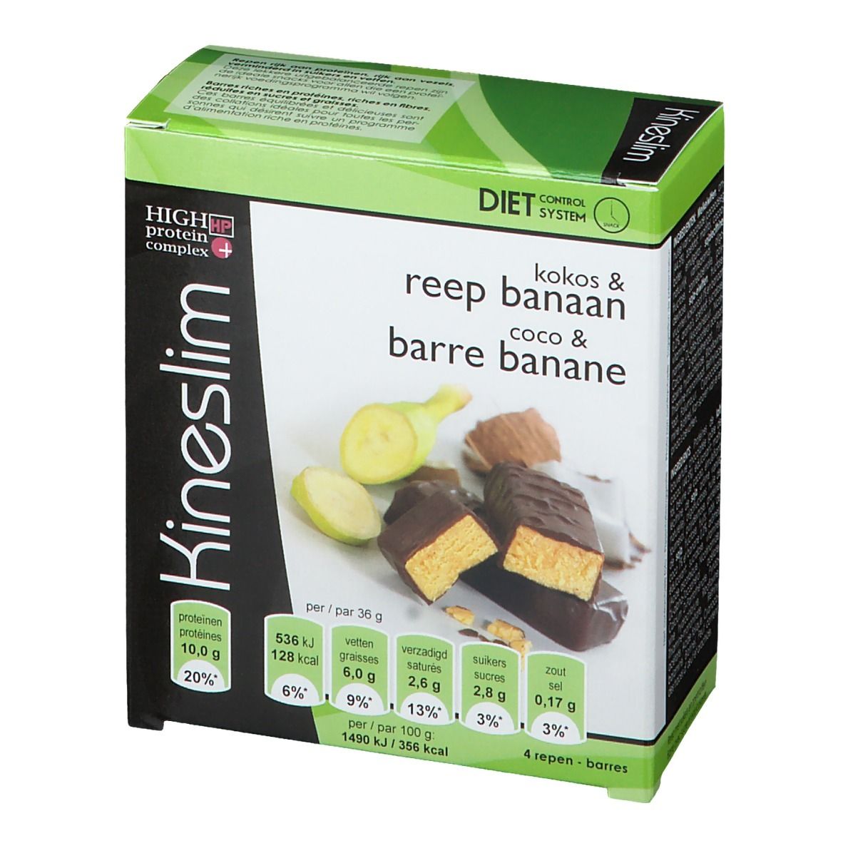 Boîte Kineslim avec image de barre coco/banane. Emballage vert et blanc avec informations nutritionnelles et logo.