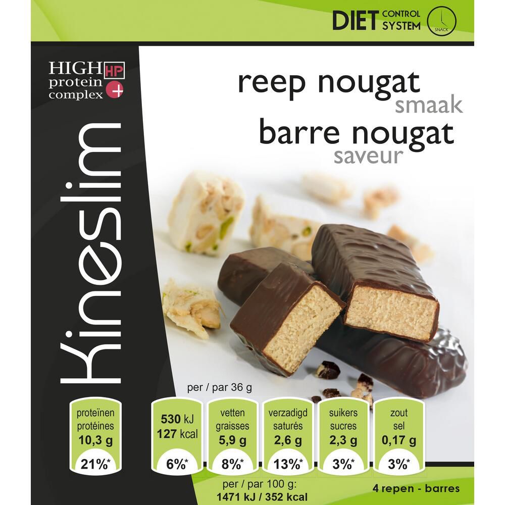 Barre saveur nougat. Barres partiellement coupées et ingrédients visibles. Inscription : Kineslim, High Protein Complex.