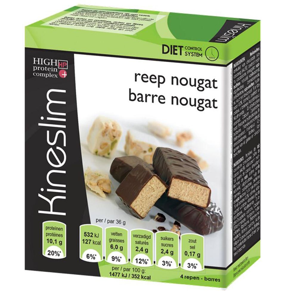 Emballage carton avec barres. Inscription : Kineslim, High Protein Complex, reep nougat, barre nougat, 4 repen-barres.