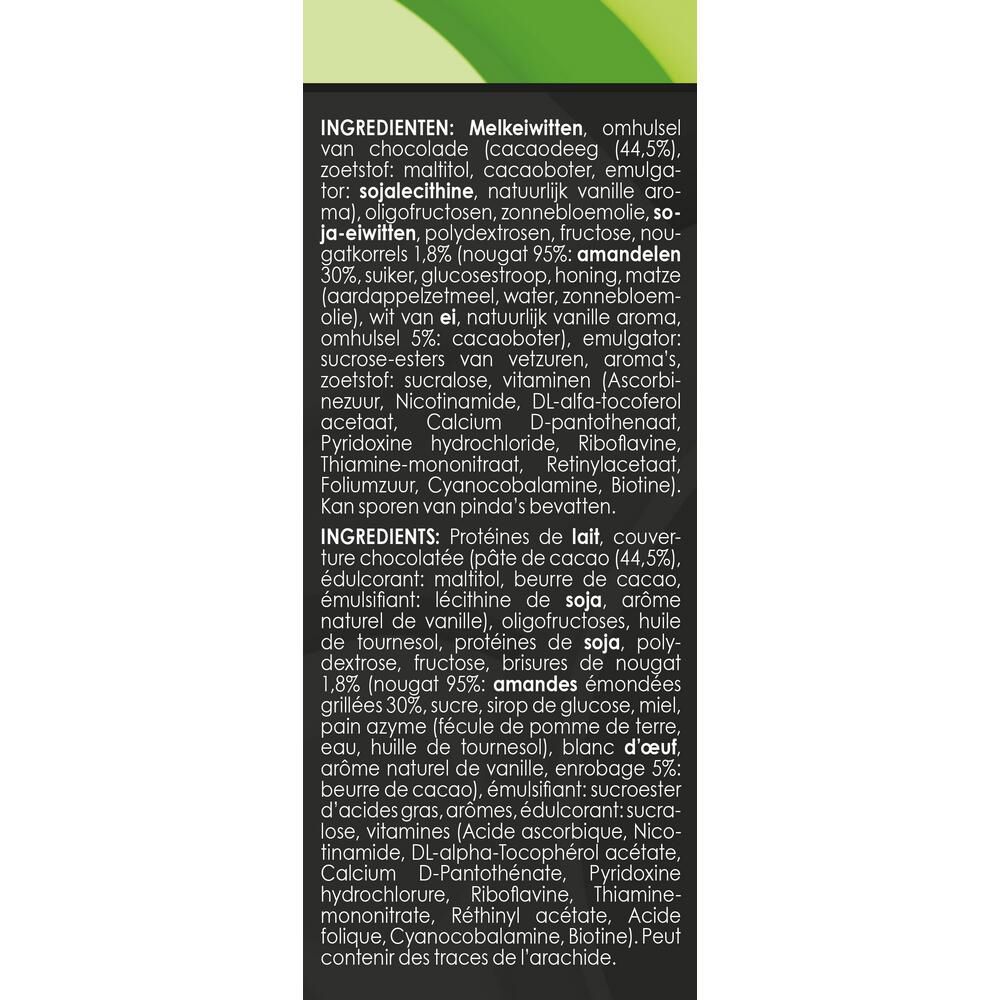 Liste des ingrédients. Contient protéines de lait, chocolat, amandes, sucre, miel, huile de tournesol. Inscription : Ingrédients.