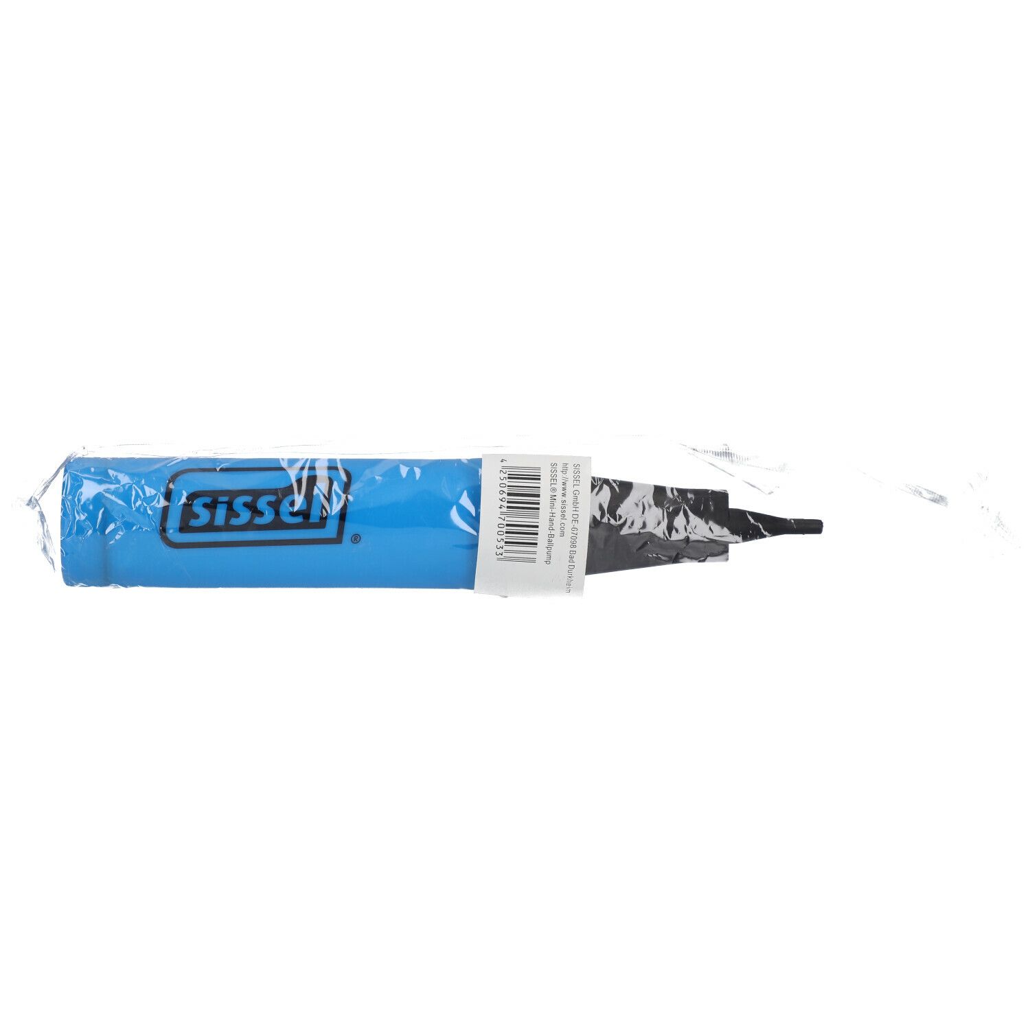 Produit cylindrique bleu emballé dans du plastique. Étiquette blanche avec logo "sissel". Éléments noirs à droite.