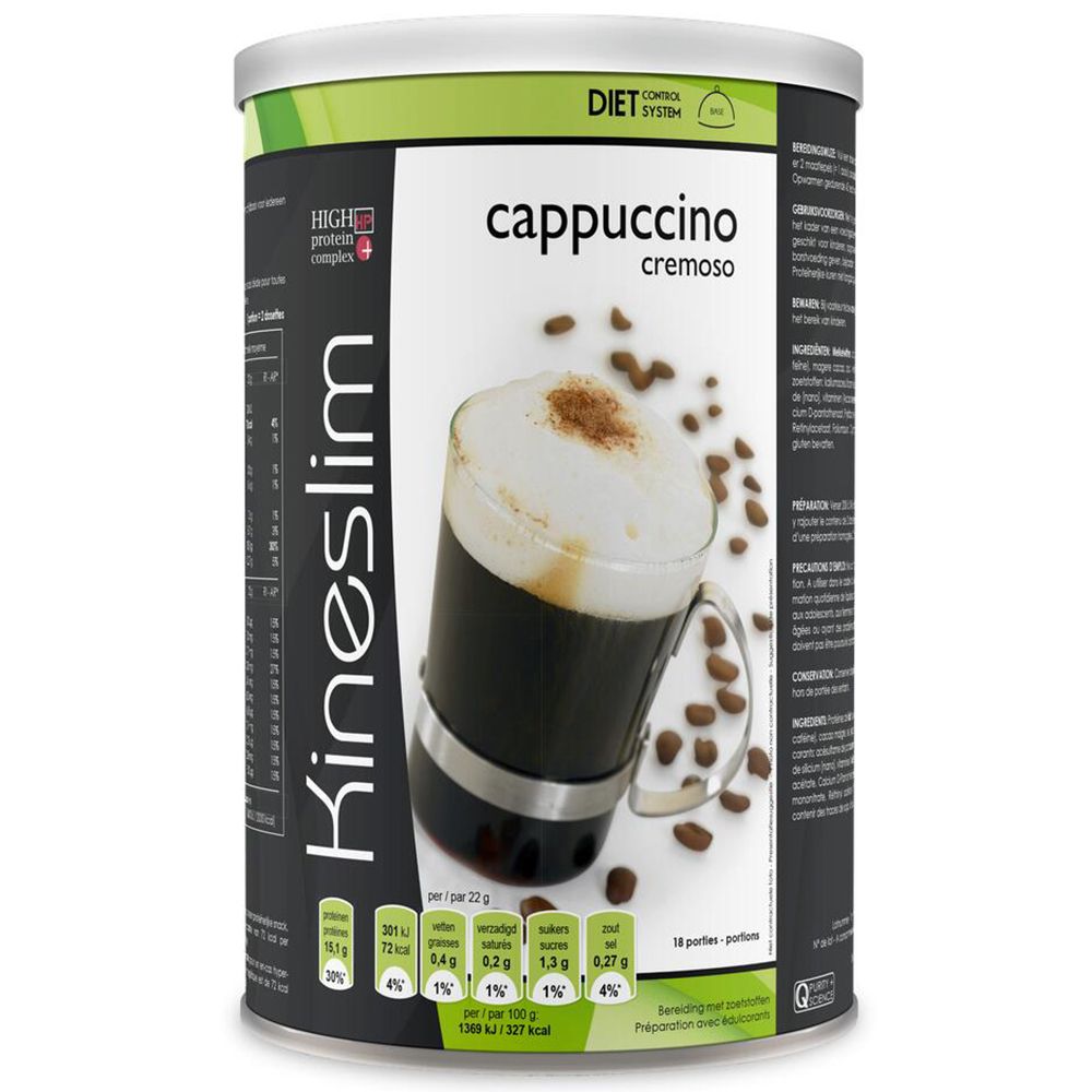 Kineslim Cappuccino cremoso Dose. Abbildung eines Cappuccinos. Aufschrift: High Protein Complex.