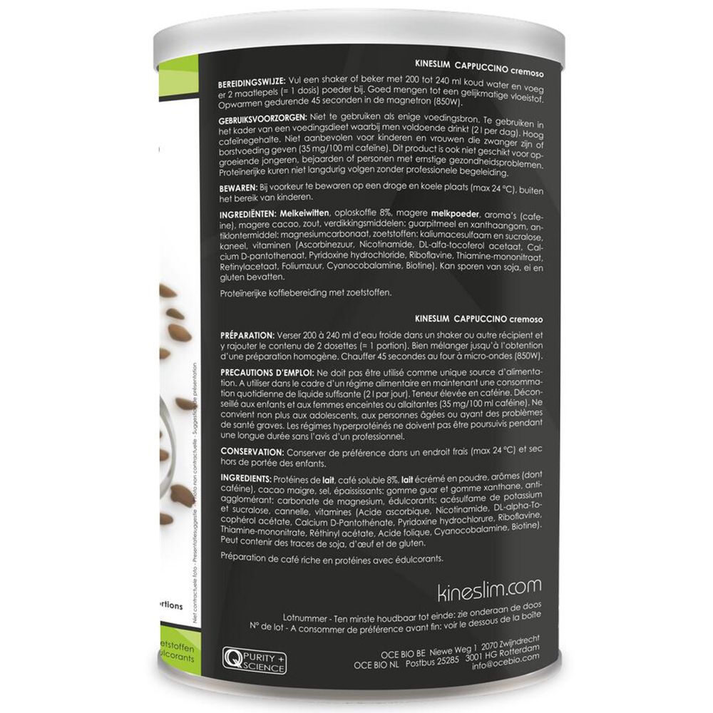 Kineslim Cappuccino cremoso Dose. Rückseite mit Text in mehreren Sprachen. Zutatenliste und Nährwertangaben.