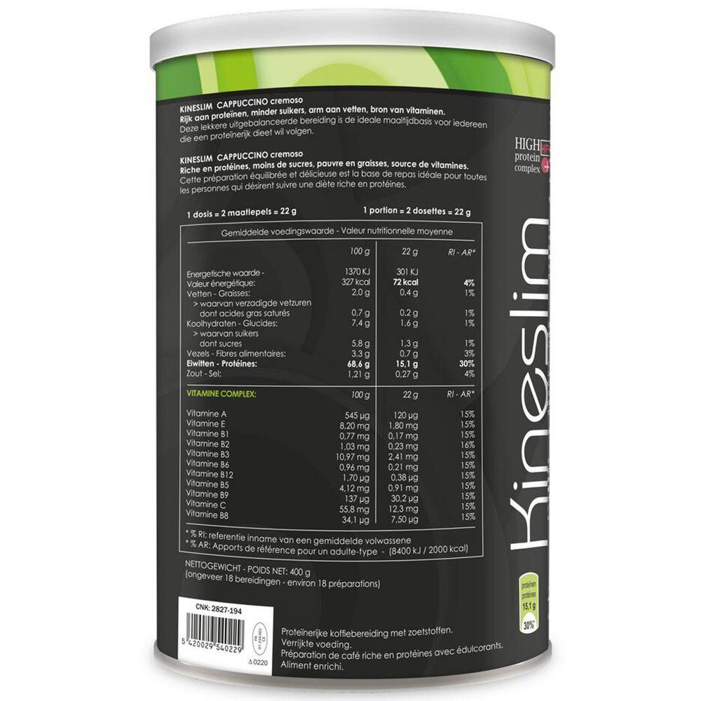 Kineslim Cappuccino cremoso Dose. Rückseite mit Nährwertangaben und Vitamin Complex. Text in mehreren Sprachen.