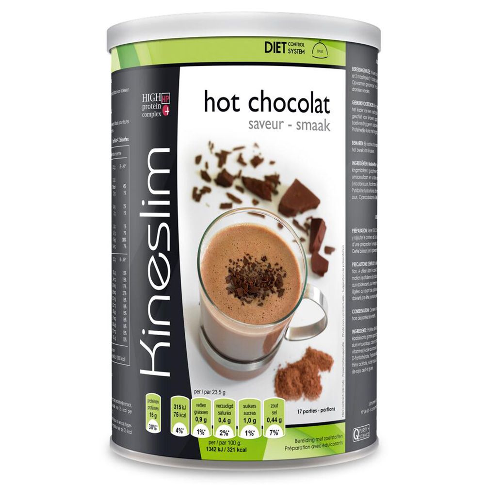 Cilindrische doos Kineslim Hot Chocolate. Afbeelding van een drank met chocoladeschilfers. Tekst: Hot Chocolat, Diet Control System.