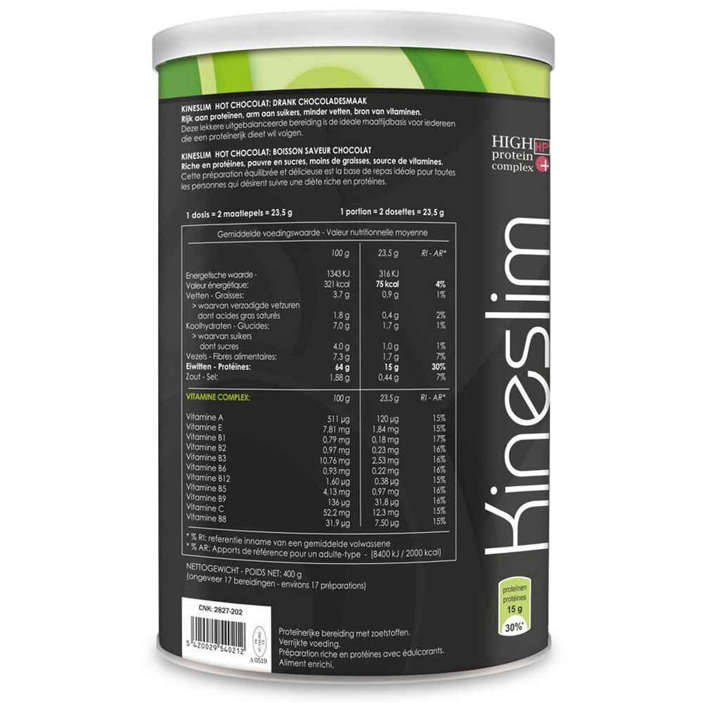 Achterkant van de doos Kineslim Hot Chocolate. Voedingsinformatie en vitaminecomplex. Tekst: High Protein Complex, 15g eiwitten.