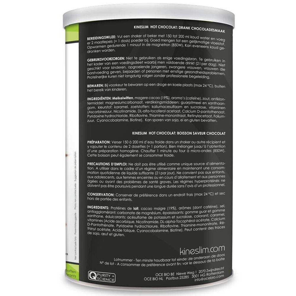 Zijkant van de doos Kineslim Hot Chocolate. Tekst: Bereiding, ingrediënten, waarschuwingen. Purity & Science logo.