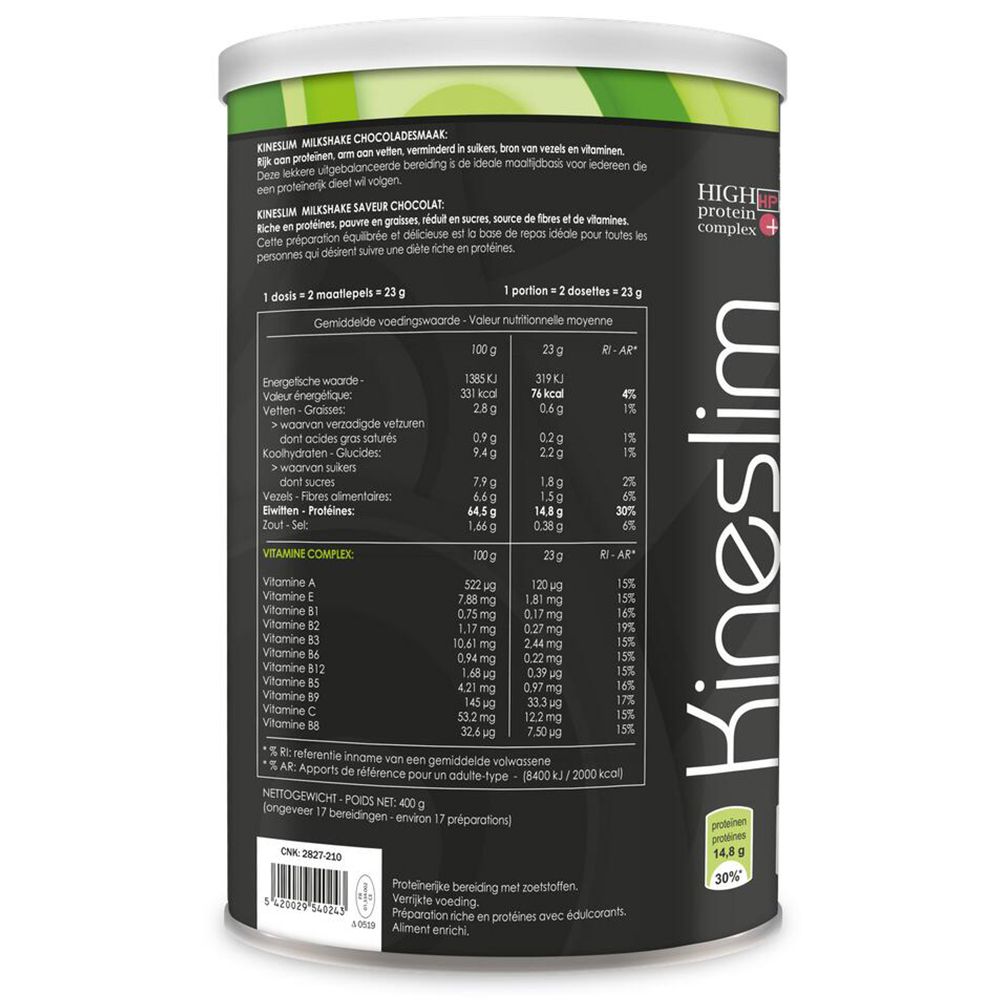 Dos de la boîte Kineslim Milkshake chocolat. Informations nutritionnelles et complexe vitaminique. Drapeau suisse.
