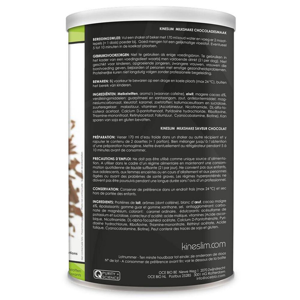 Côté de la boîte Kineslim Milkshake chocolat. Préparation, précautions et ingrédients. Drapeau suisse.