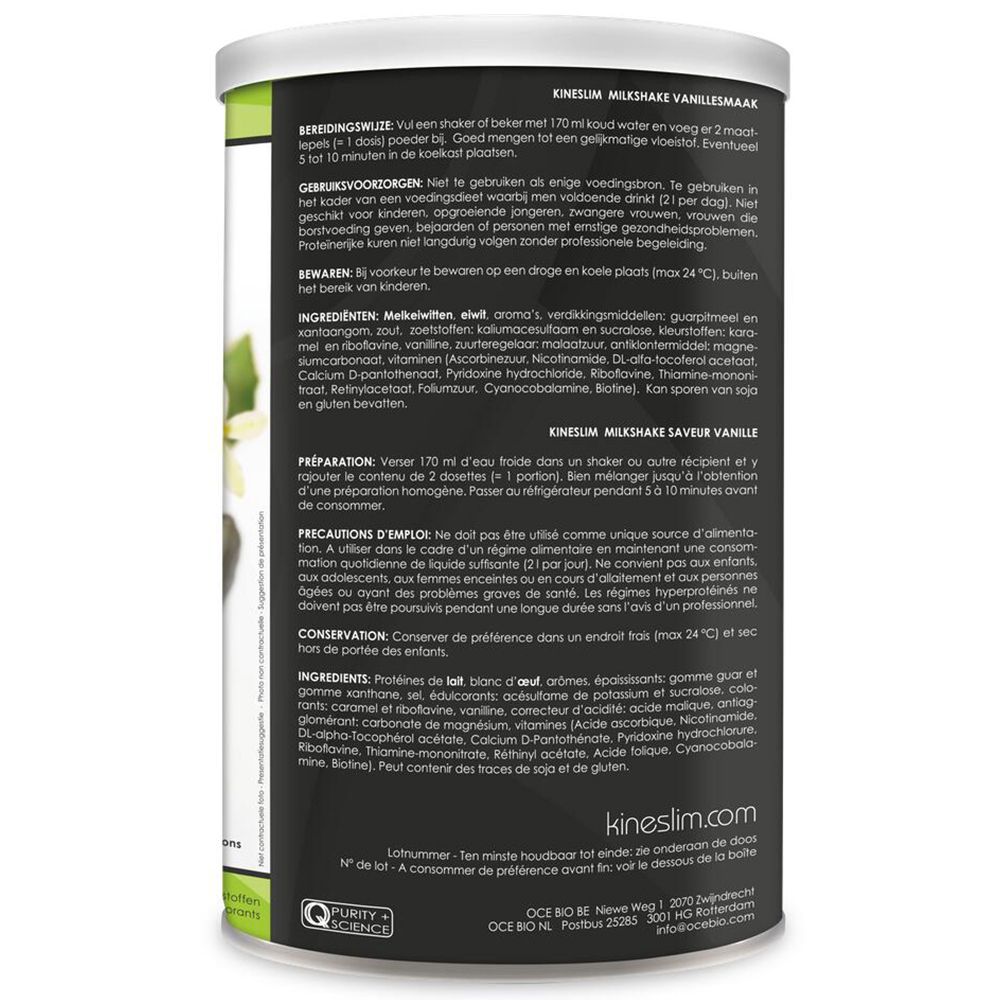 Dos de la boîte Kineslim Milkshake Vanille. Texte multilingue. Liste des ingrédients, mode d'emploi et informations nutritionnelles.