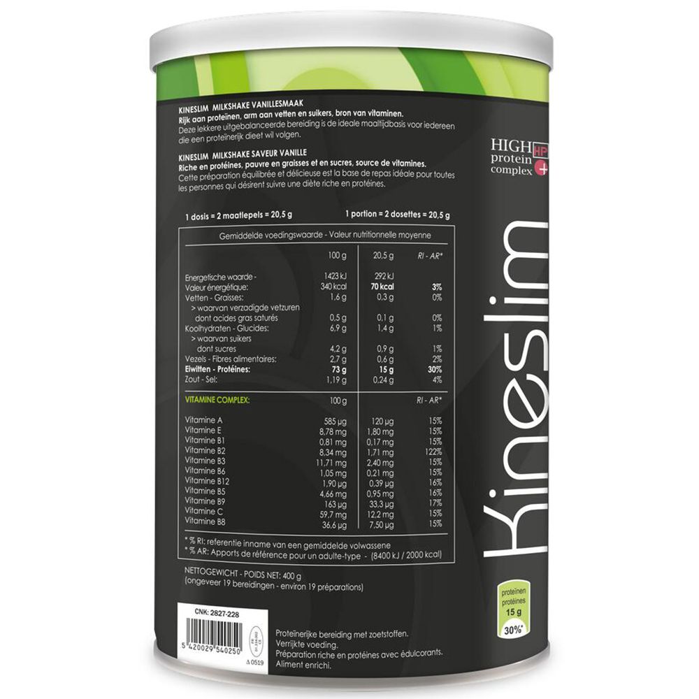 Dos de la boîte Kineslim Milkshake Vanille. Tableau des valeurs nutritionnelles et complexe vitaminique. Texte multilingue.
