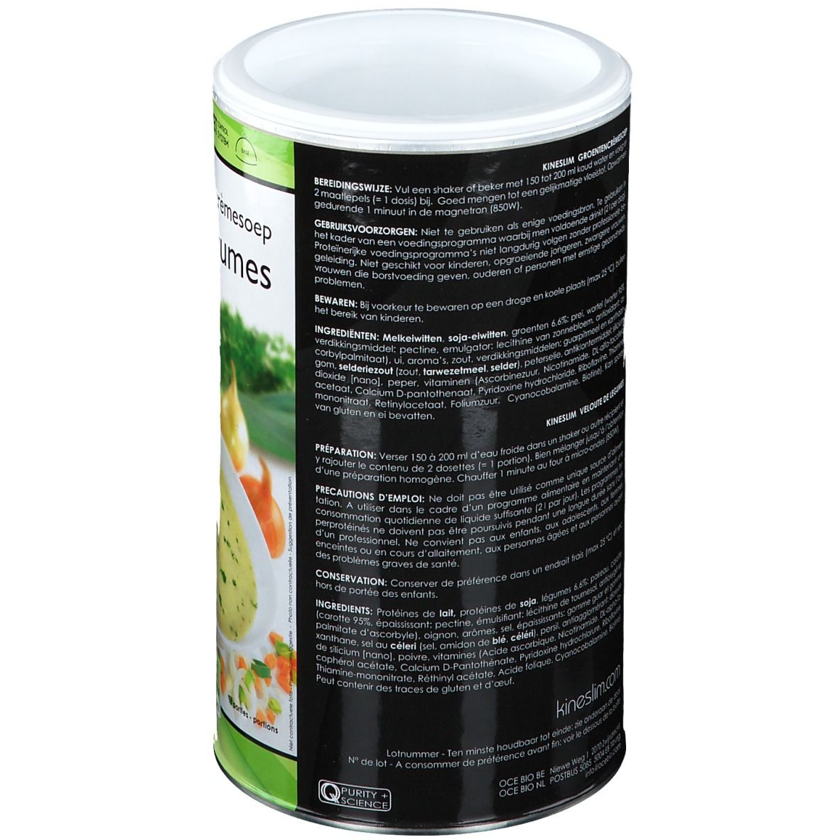 Boîte cylindrique avec texte et liste d'ingrédients. Logo Kineslim. Couvercle blanc.