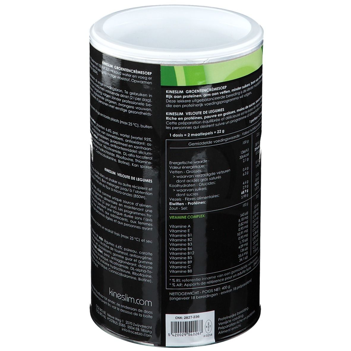 Boîte cylindrique avec texte et informations nutritionnelles. Logo Kineslim. Couvercle blanc.