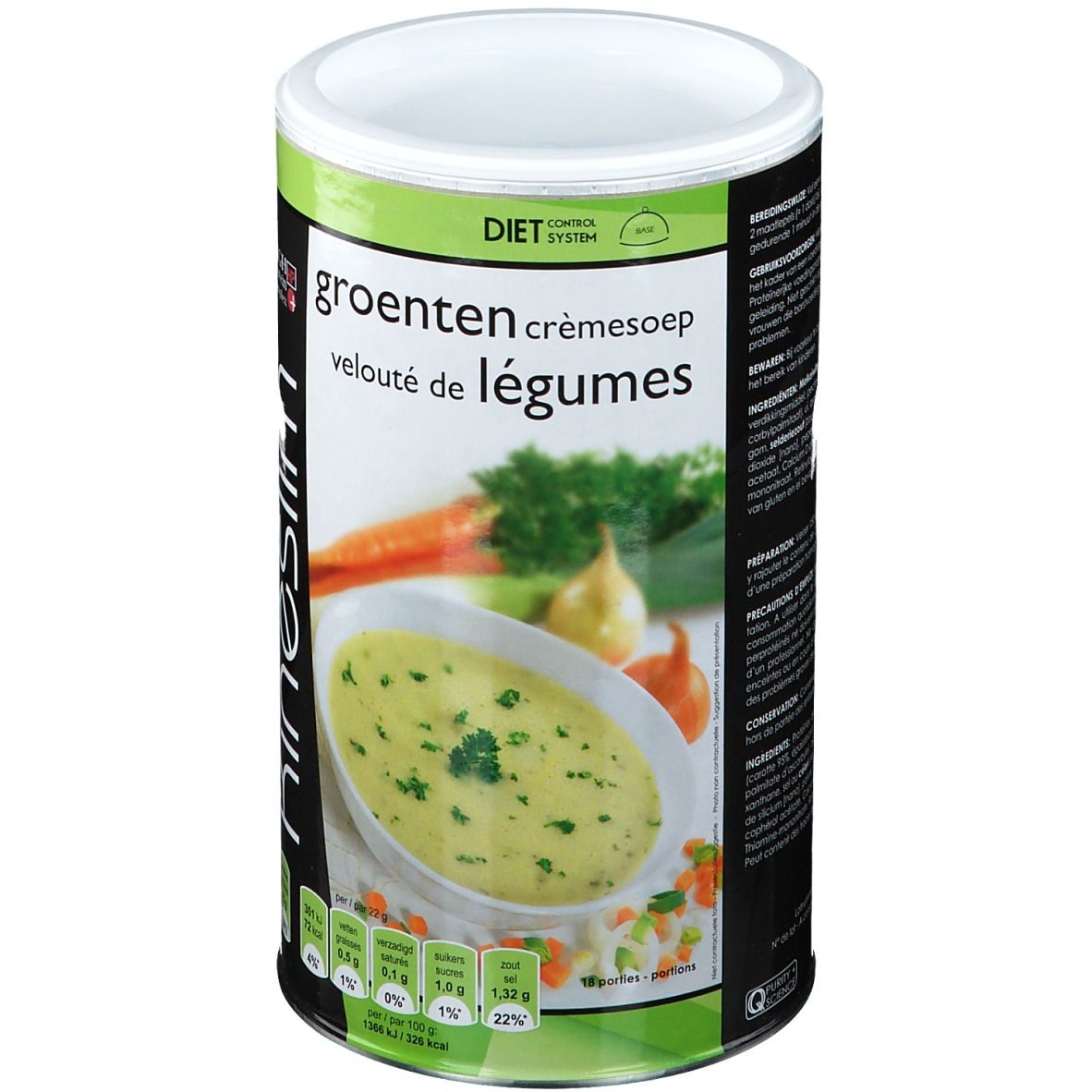 Boîte cylindrique Kineslim. Inscription 'Crème de légumes'. Illustration de soupe de légumes.
