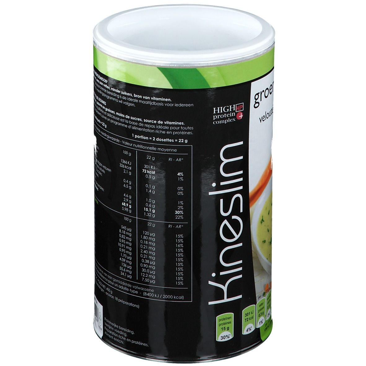 Boîte cylindrique Kineslim avec texte. Inscription 'Crème de légumes'. Couvercle blanc.