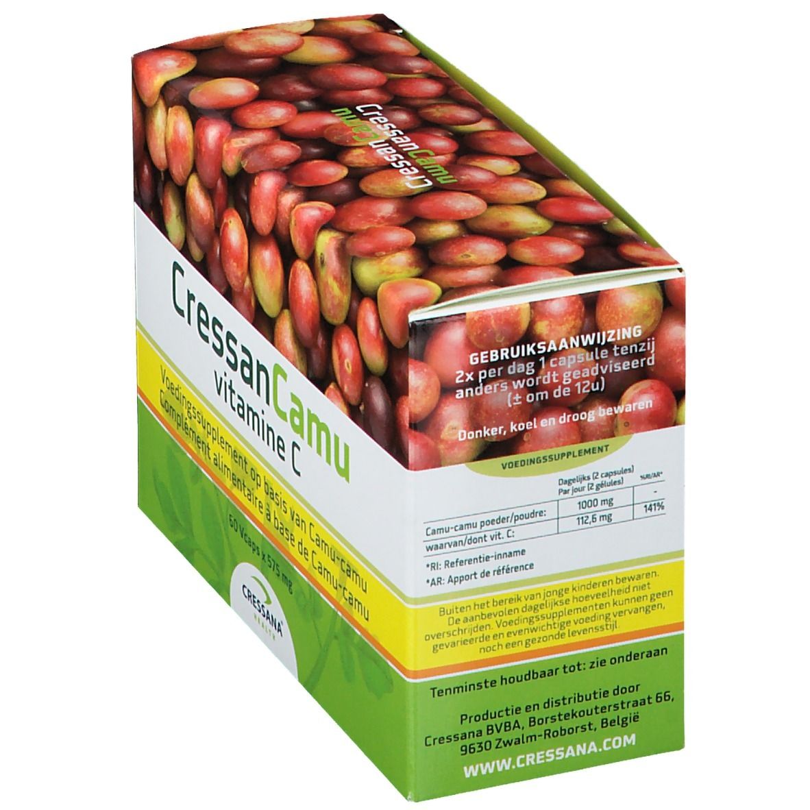 Boîte de CressanCamu vitamine C. Contient des informations d'utilisation. Design vert et blanc avec des fruits de camu-camu.