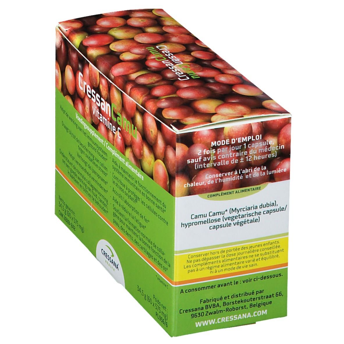Boîte de CressanCamu vitamine C. Contient des instructions d'utilisation. Design vert et blanc avec des fruits de camu-camu.