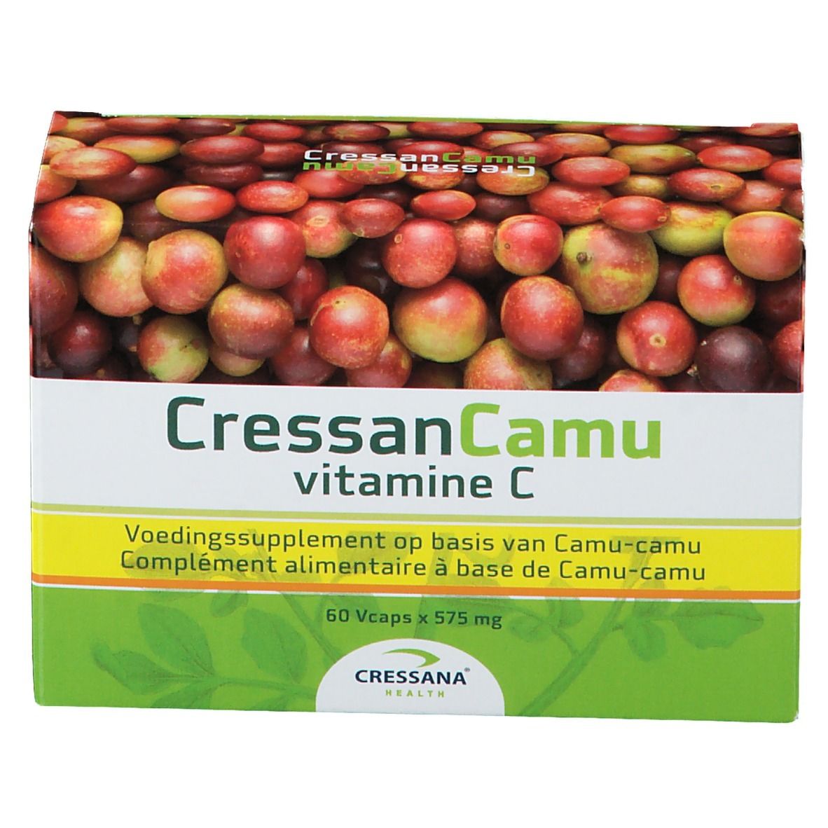 Boîte de CressanCamu vitamine C. Inscription: 60 Vcaps x 575 mg. Design vert et blanc avec des fruits de camu-camu.