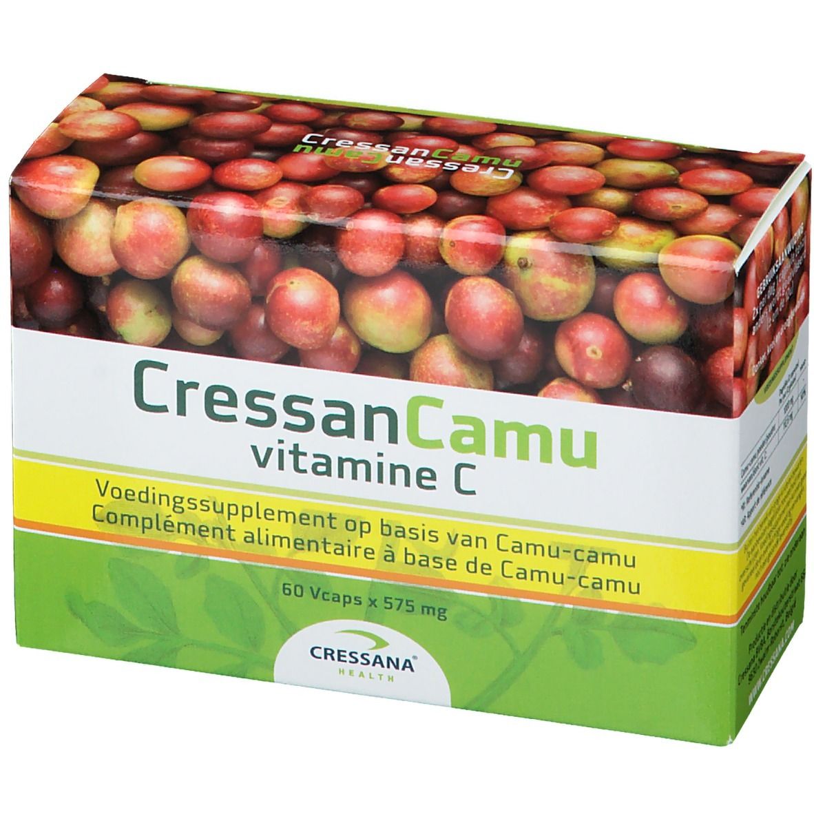 Boîte de CressanCamu vitamine C. Inscription: 60 Vcaps x 575 mg. Design vert et blanc avec des fruits de camu-camu.