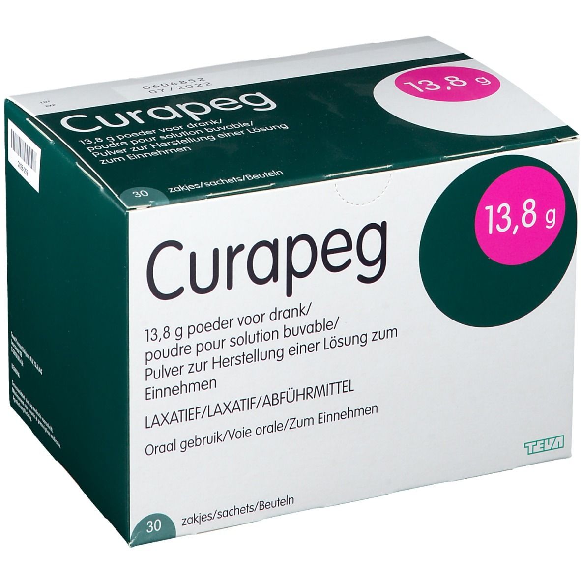 Doos met Curapeg poeder. Opschrift: 13,8 g, 30 zakjes. Teva logo.