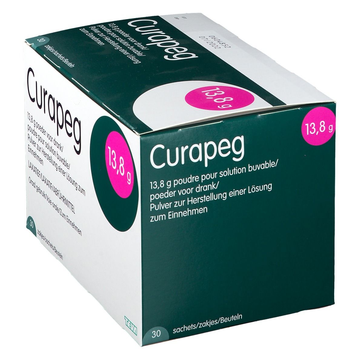 Doos met Curapeg poeder. Opschrift: 13,8 g, 30 zakjes. Groen-witte verpakking.
