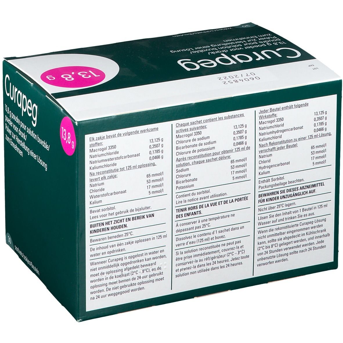 Achterkant van de Curapeg verpakking. Bevat informatie over ingrediënten en gebruik.