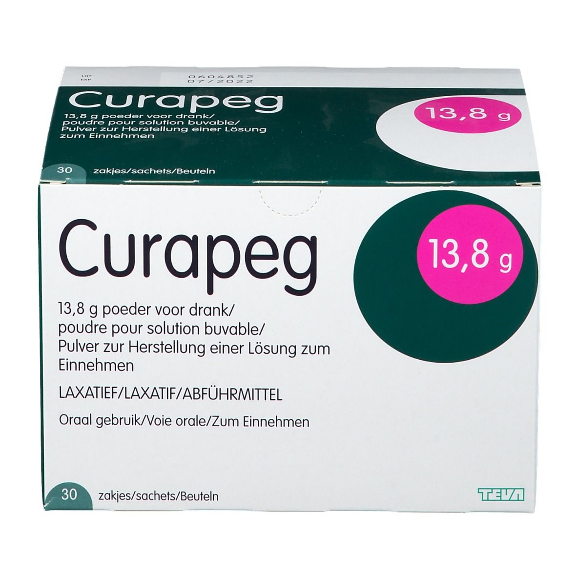 Doos met Curapeg poeder. Opschrift: 13,8 g, 30 zakjes. Teva logo.