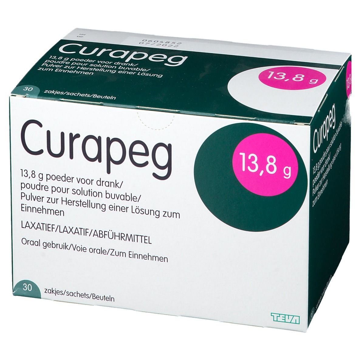 Doos met Curapeg poeder. Opschrift: 13,8 g, 30 zakjes. Teva logo.