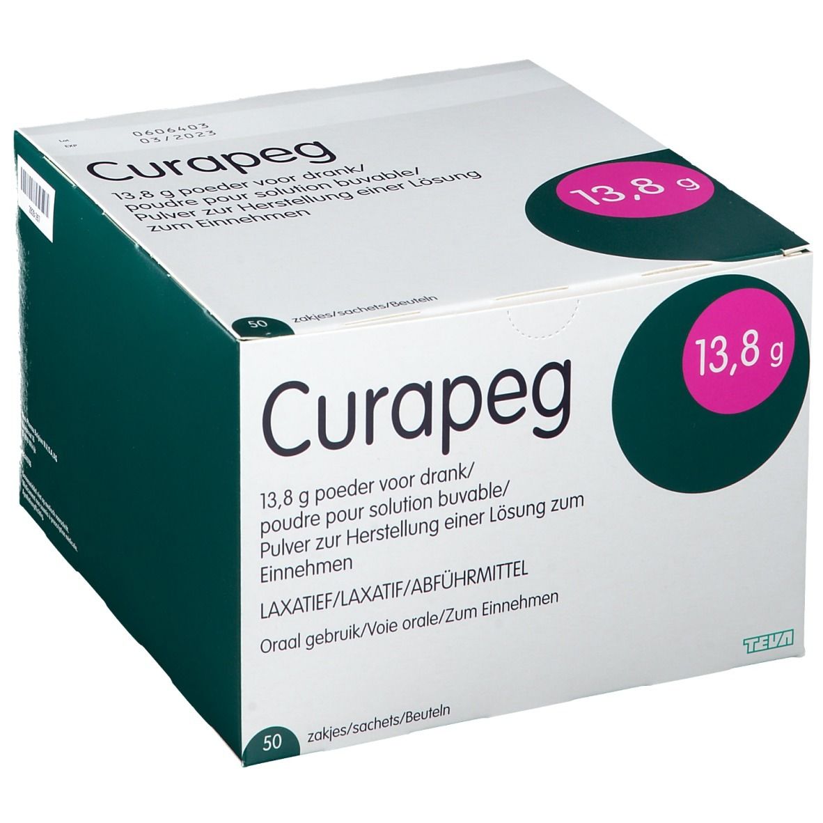 Doos Curapeg, 13,8 g, 50 zakjes. Tekst: '13,8 g poeder voor drank'. Teva-logo. Groen-wit ontwerp.