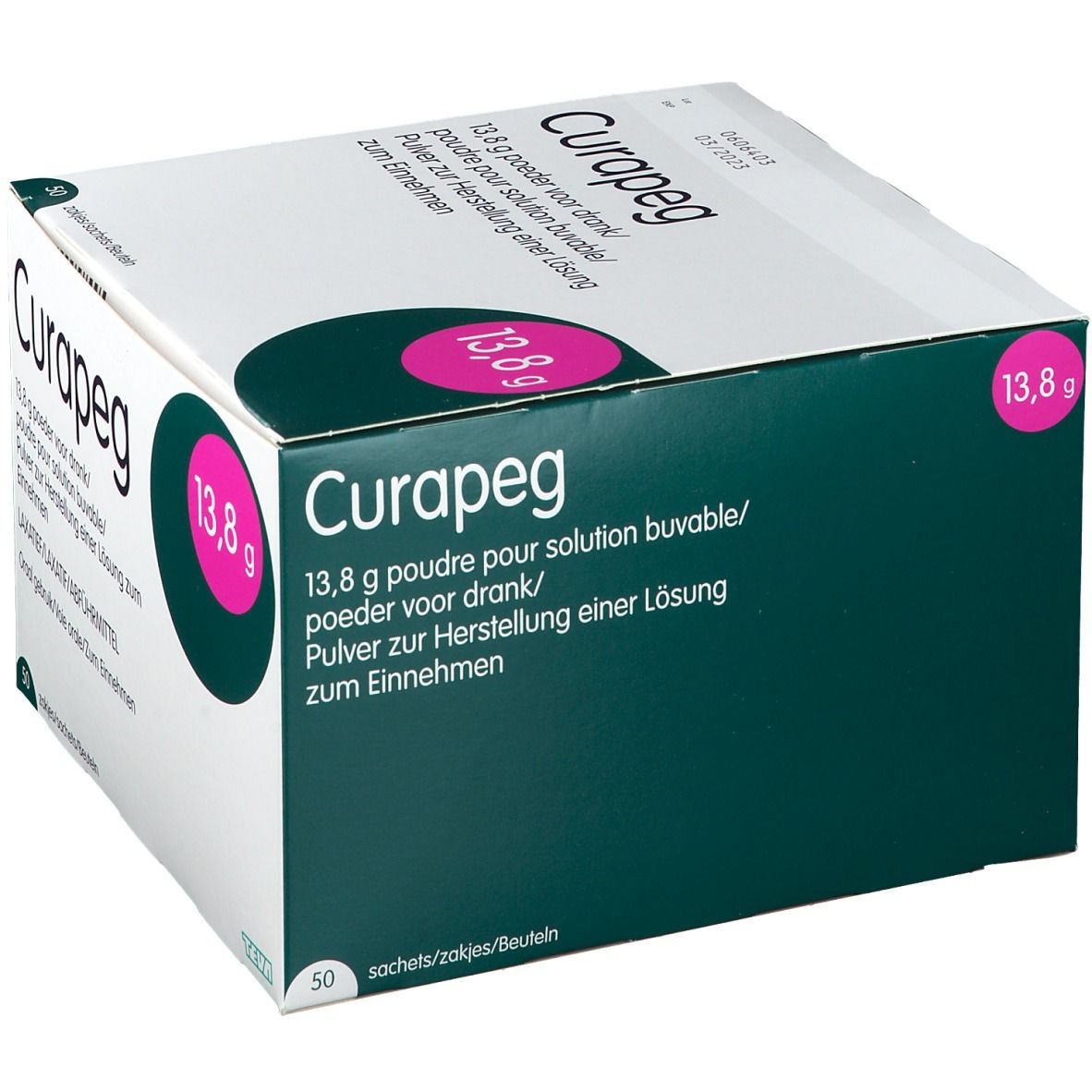 Doos Curapeg, 13,8 g, 50 zakjes. Tekst: '13,8 g poeder voor drank'. Groen-wit ontwerp.