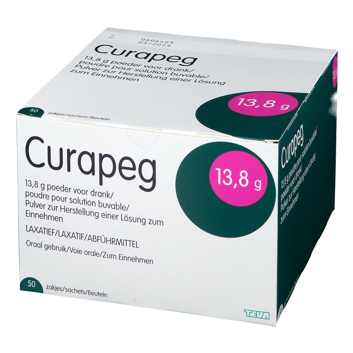 Doos Curapeg, 13,8 g, 50 zakjes. Tekst: '13,8 g poeder voor drank'. Teva-logo. Groen-wit ontwerp.