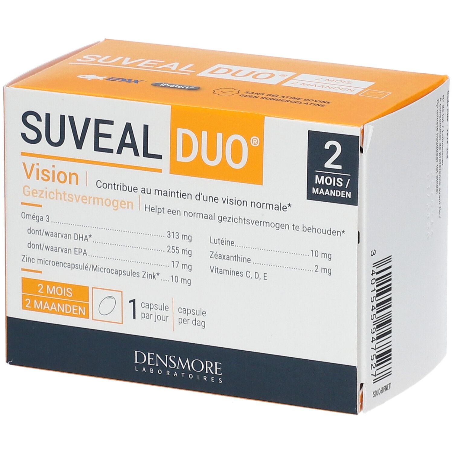 Boîte Suveal Duo Vision. Design orange et blanc. Contient 2 mois de traitement. Contient Oméga 3, zinc, lutéine, zéaxanthine.