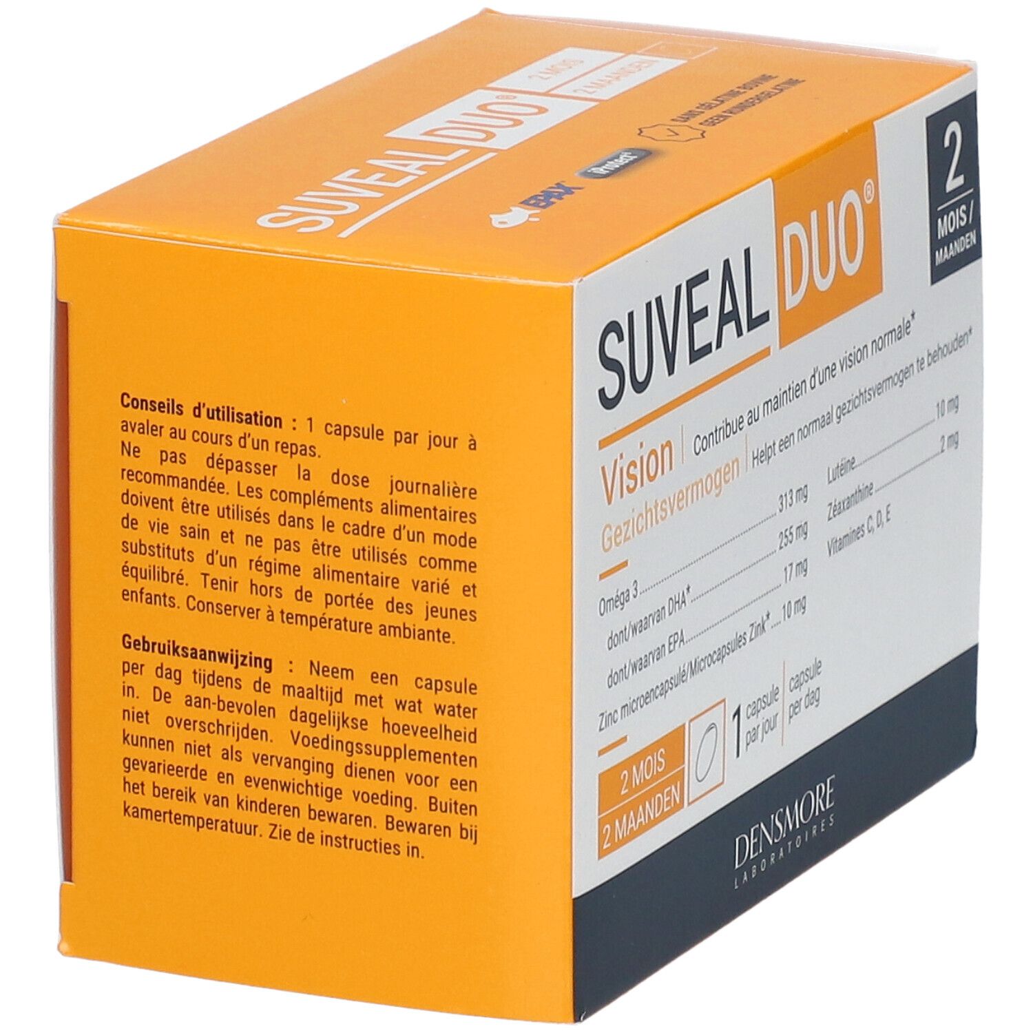 Boîte orange et blanche Suveal Duo. Contient des informations d'utilisation. Contient 1 capsule par jour. Fabriqué par Densmore Laboratoires.