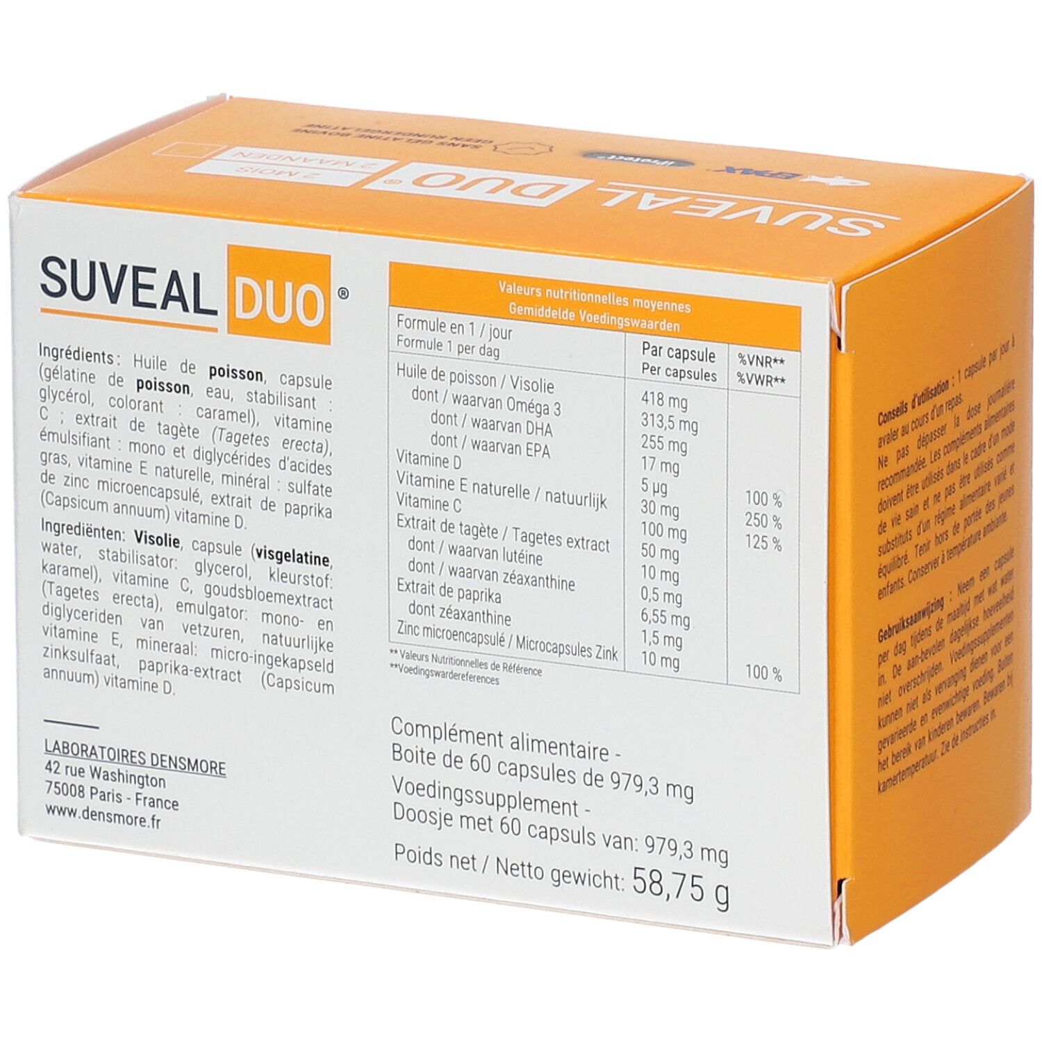 Dos de la boîte Suveal Duo. Contient des informations nutritionnelles. Contient 60 capsules. Fabriqué par Densmore Laboratoires. Poids 58,75 g.