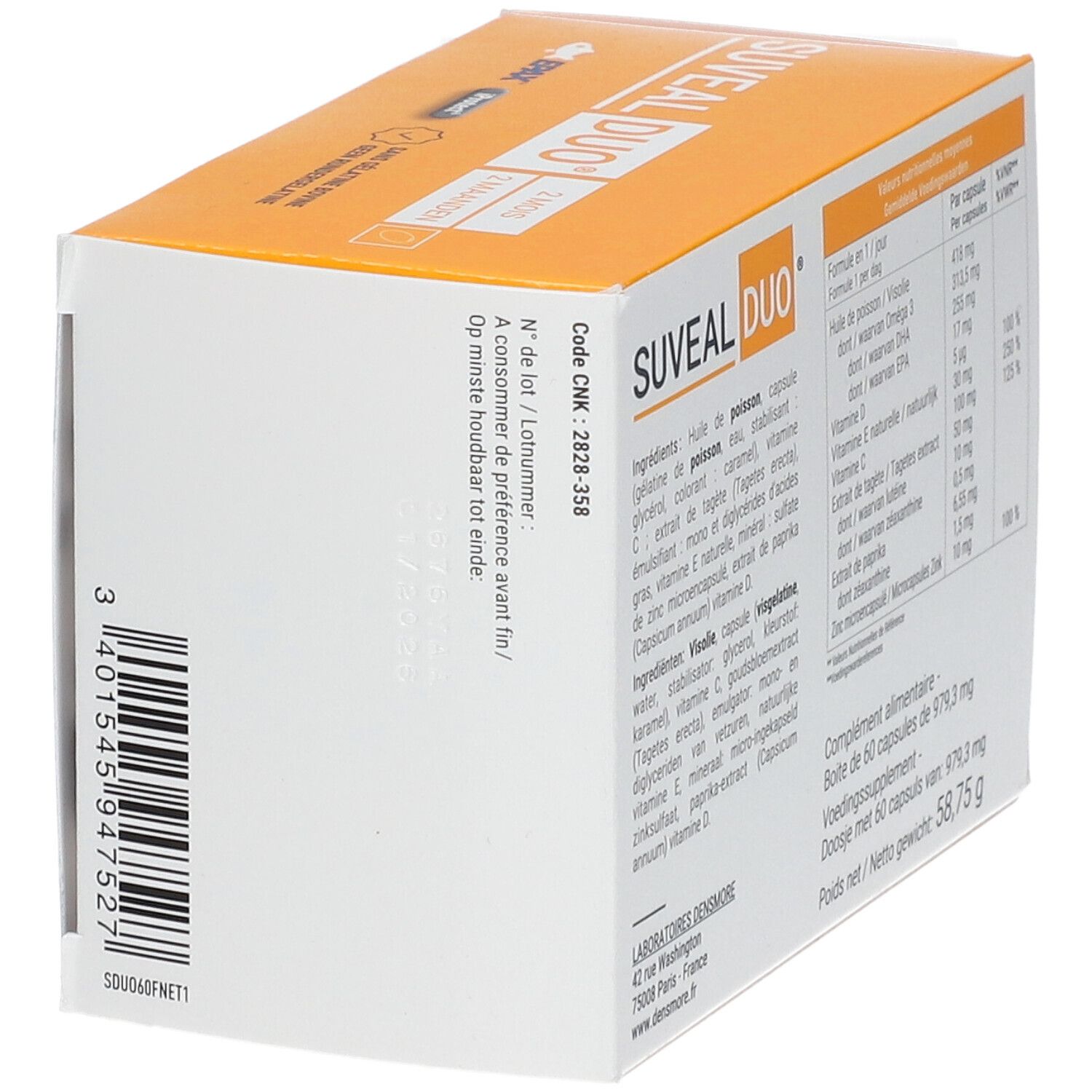 Vue latérale de la boîte Suveal Duo. Contient les ingrédients et le numéro de lot. Fabriqué par Densmore Laboratoires. Poids 58,75 g.