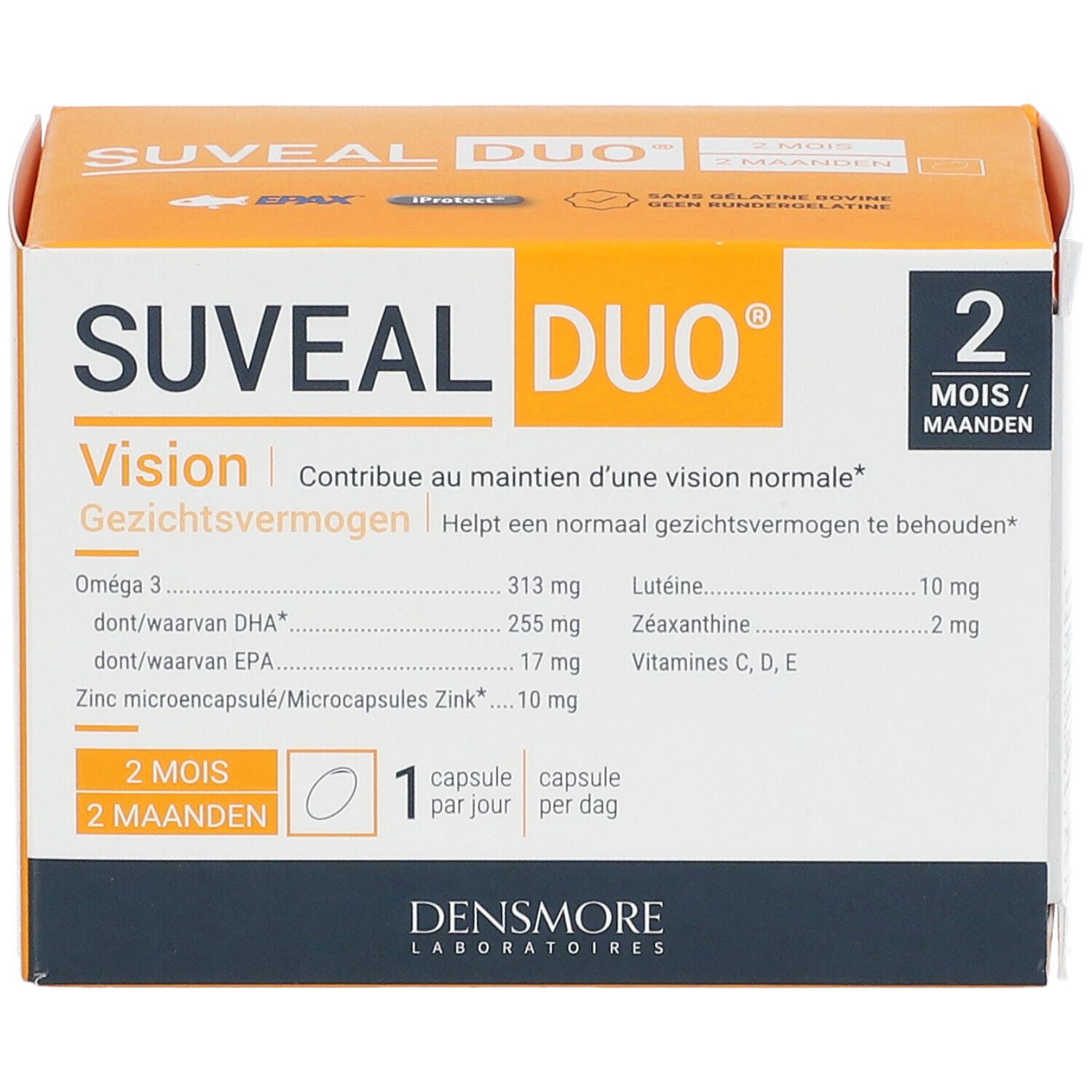 Face avant de la boîte Suveal Duo. Contient 2 mois de traitement. Contient Oméga 3, zinc, lutéine, zéaxanthine. Fabriqué par Densmore Laboratoires.