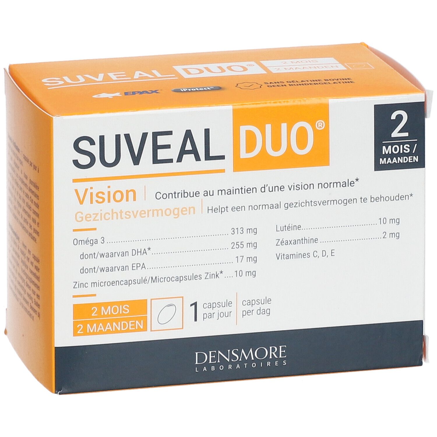 Face avant de la boîte Suveal Duo. Contient 2 mois de traitement. Contient Oméga 3, zinc, lutéine, zéaxanthine. Fabriqué par Densmore Laboratoires.
