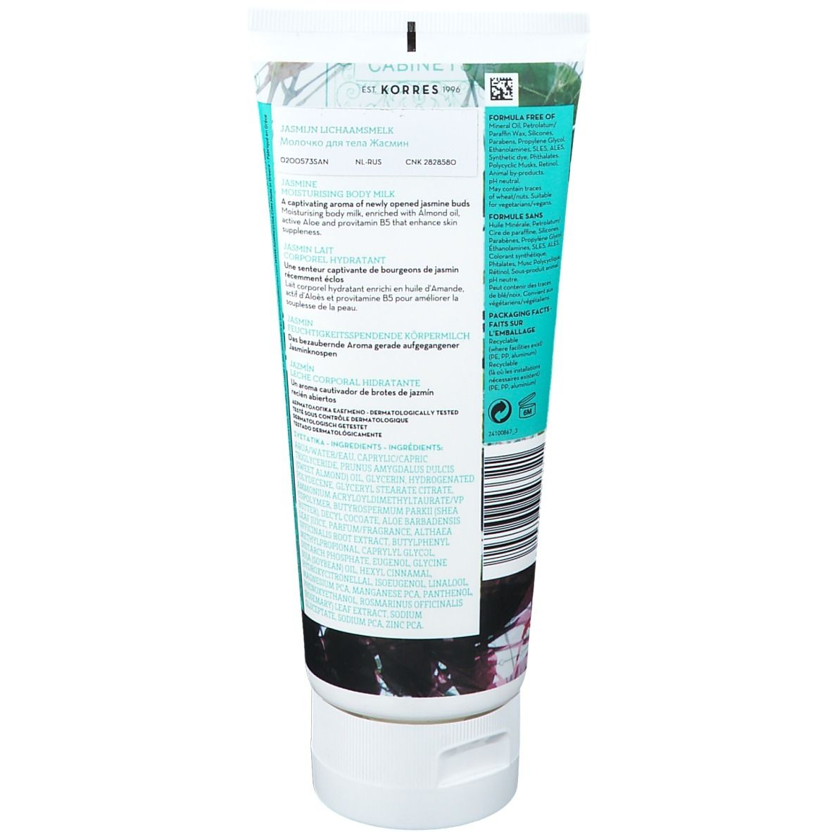 KORRES Jasmin Lait pour le corps. Tube blanc avec texte vert et noir. Vue arrière avec informations produit.
