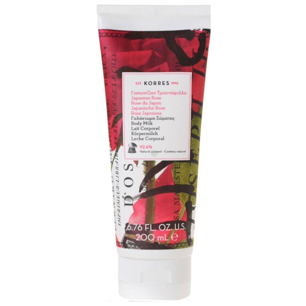 KORRES® Japanese Rose Bodylotion. Tube mit floralem Design und Produktinformationen. 6.76 fl. oz. U.S. 200 ml.