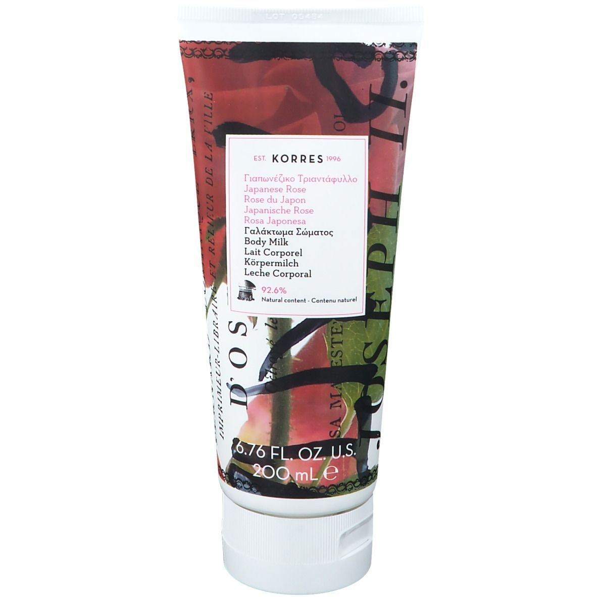 KORRES® Japanese Rose Bodylotion. Tube mit floralem Design und Produktinformationen. 6.76 fl. oz. U.S. 200 ml.