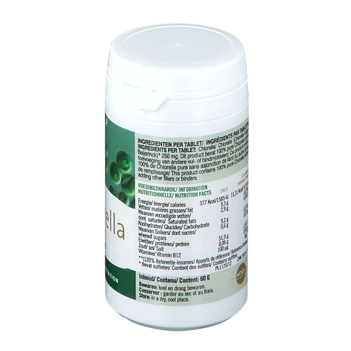 Dos d'une boîte blanche avec étiquette verte. Texte : informations nutritionnelles, ingrédients par comprimé, Chlorella.