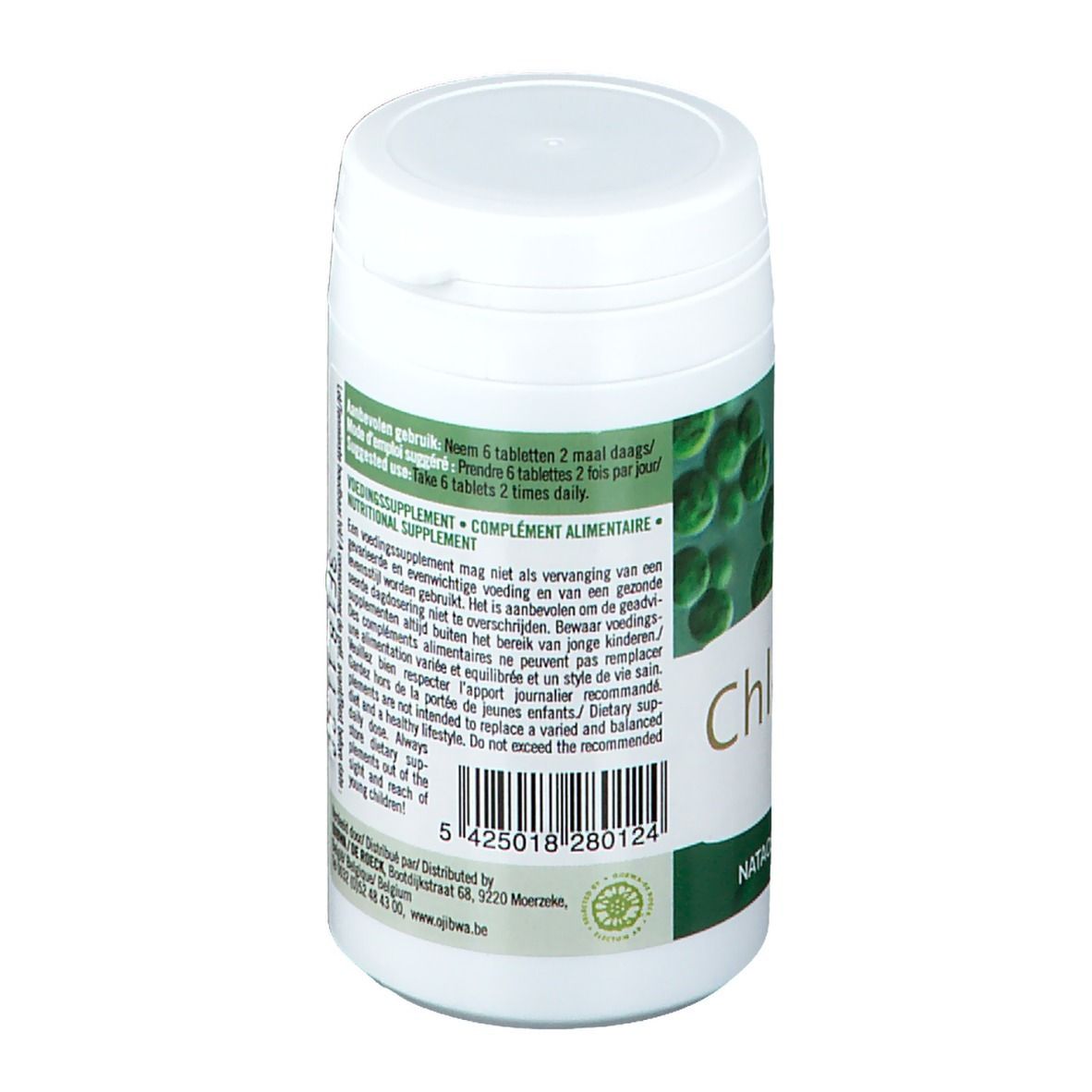 Dos d'une boîte blanche avec étiquette verte. Texte : informations nutritionnelles, recommandation d'utilisation, avertissements, informations fabricant.