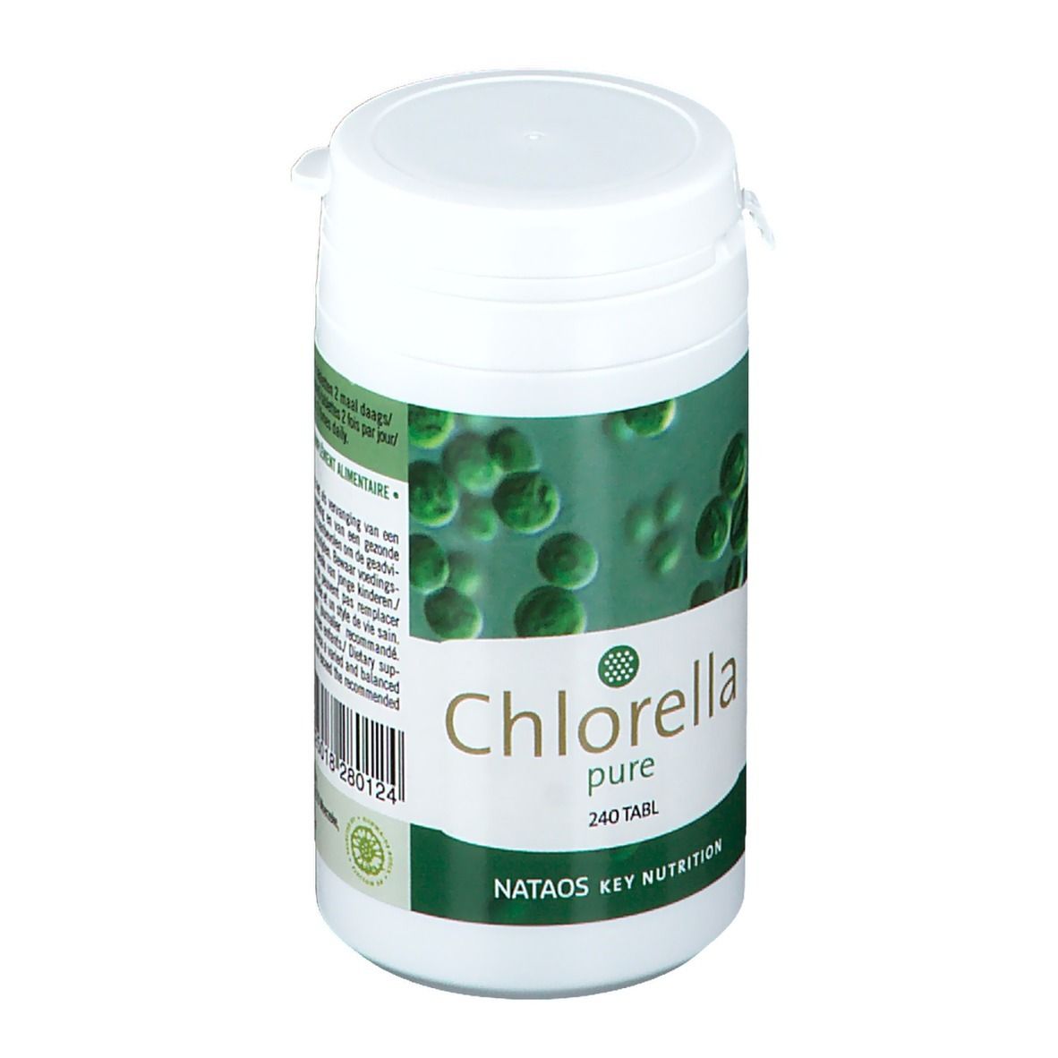 Boîte blanche avec étiquette verte. Inscription : Chlorella pure, 240 comprimés. Marque : Nataos Key Nutrition.