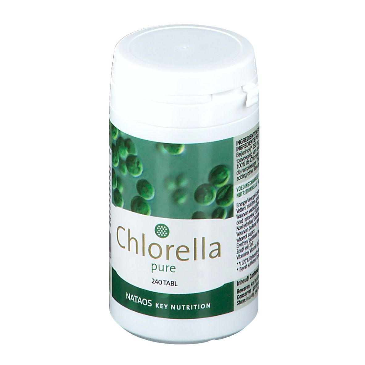 Boîte blanche avec étiquette verte. Inscription : Chlorella pure, 240 comprimés. Marque : Nataos Key Nutrition.
