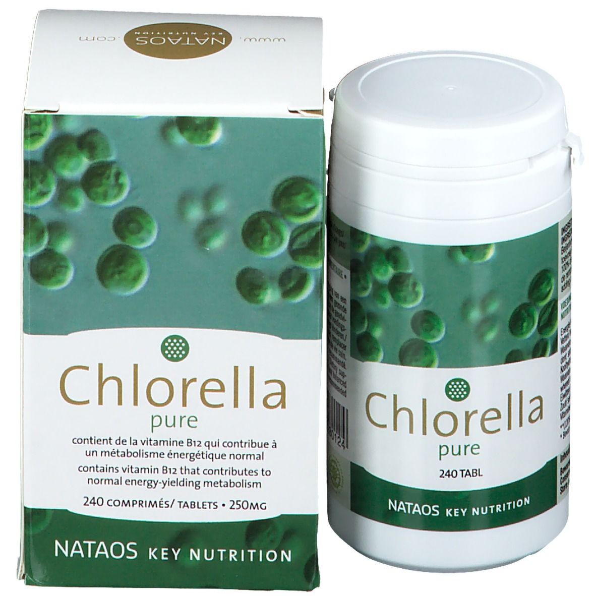 Emballage du produit : boîte et flacon. Inscription : Chlorella pure, 240 comprimés. Marque : Nataos Key Nutrition. Contient de la vitamine B12.