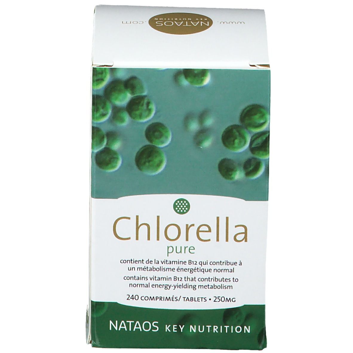 Emballage du produit : boîte. Inscription : Chlorella pure, 240 comprimés. Marque : Nataos Key Nutrition. Contient de la vitamine B12.