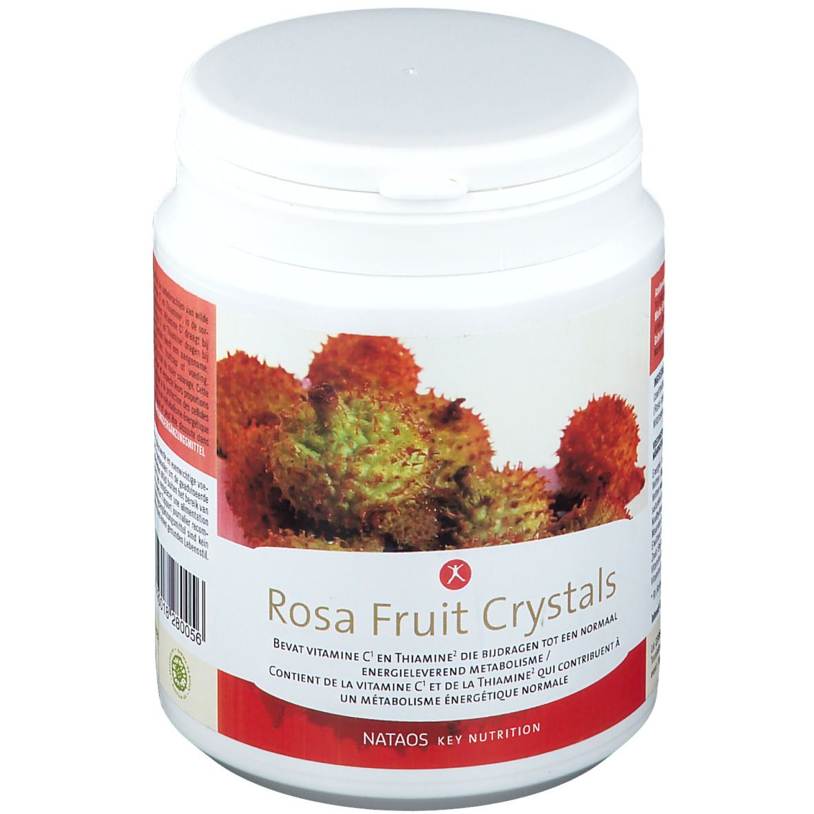 Pot blanc avec étiquette. Inscription : Rosa Fruit Crystals. Illustration de fruits. Texte multilingue.